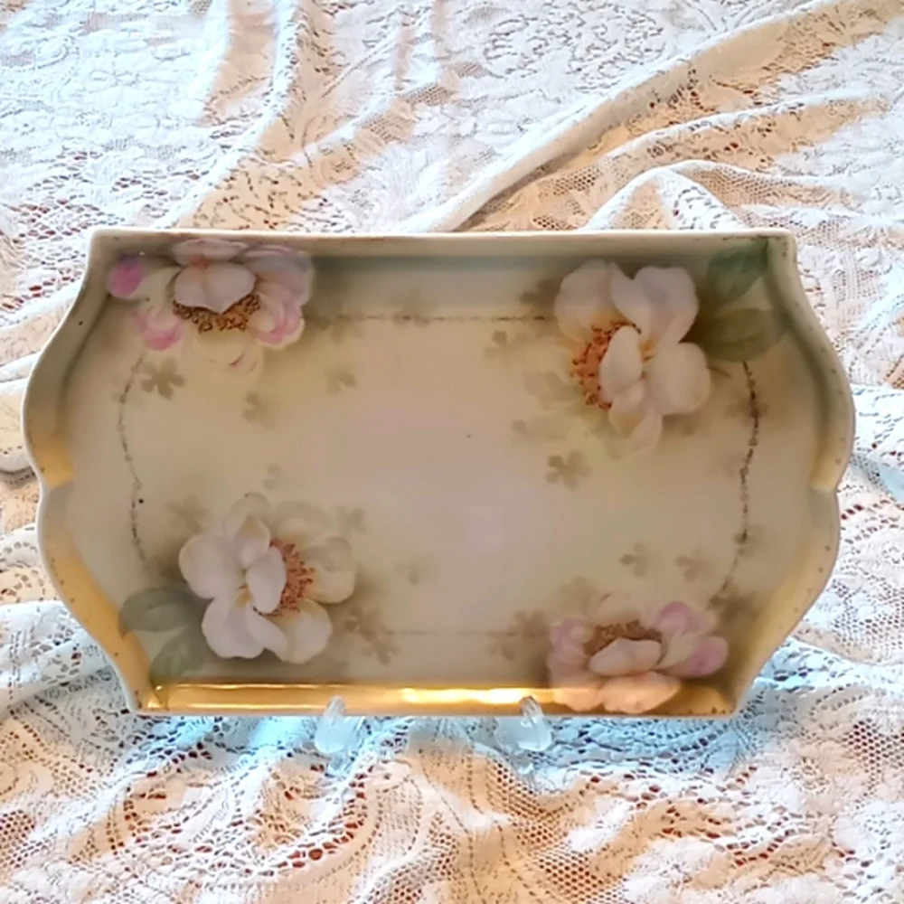 Antique Prov Saxe Porcelain 5 Piece Floral Hand-painted Vanity Set